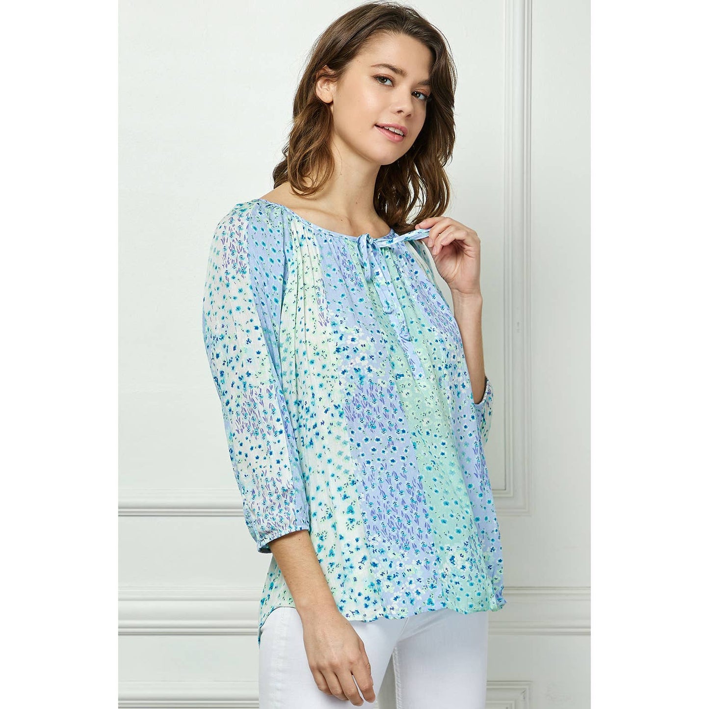 Blue Floral Round Neck Blouse
