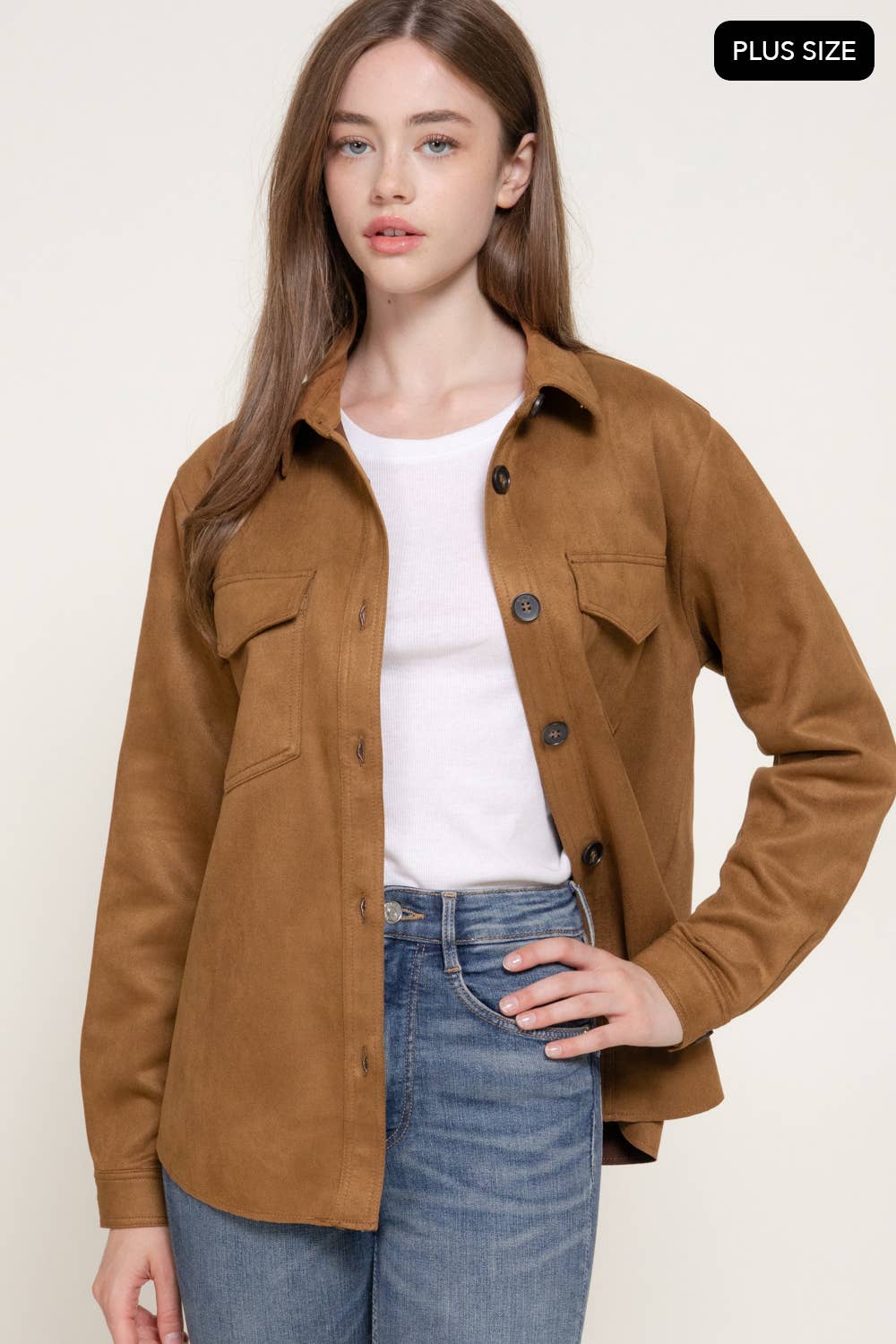 Long Sleeve Loose Fit Faux Suede Shacket (Plus Size)