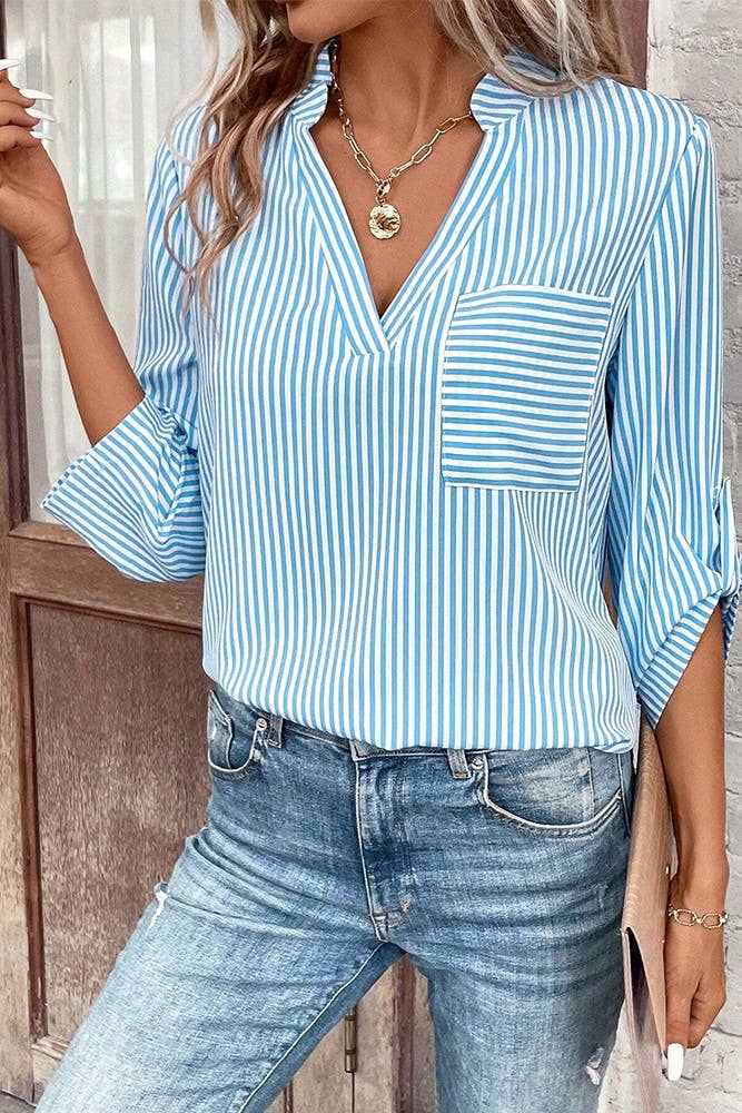 V Neck Stripes Long Fold Sleeves Blouse