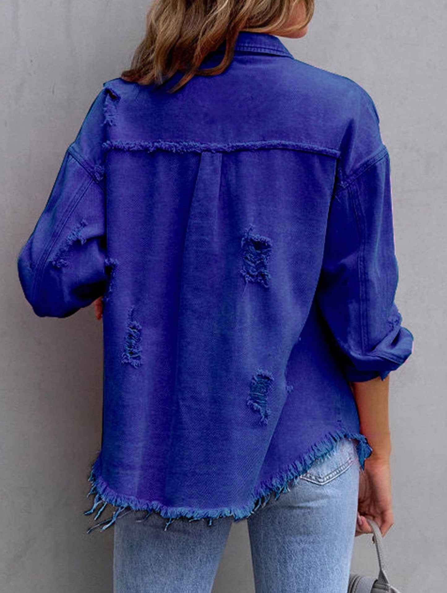 Denim Coat with Lapel and Ripped Raw Edge