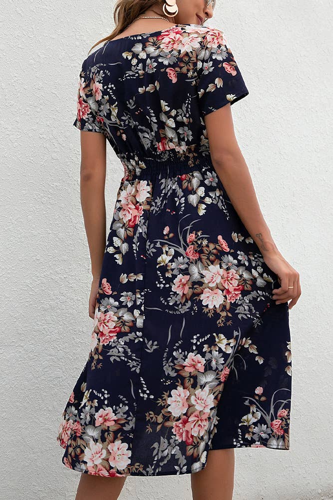 V Neck Smocked Waist Midi Floral Dress (Navy Floral)