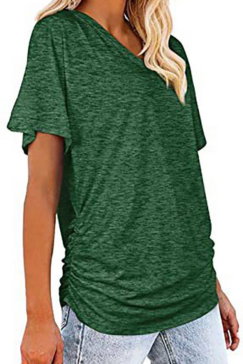 V-Neck Solid Color Casual Loose Top (Green)