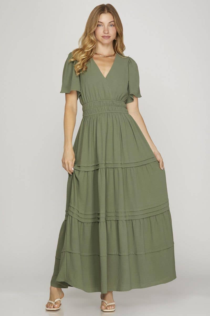 Surplice Pintuck Tiered Woven Maxi Dress
