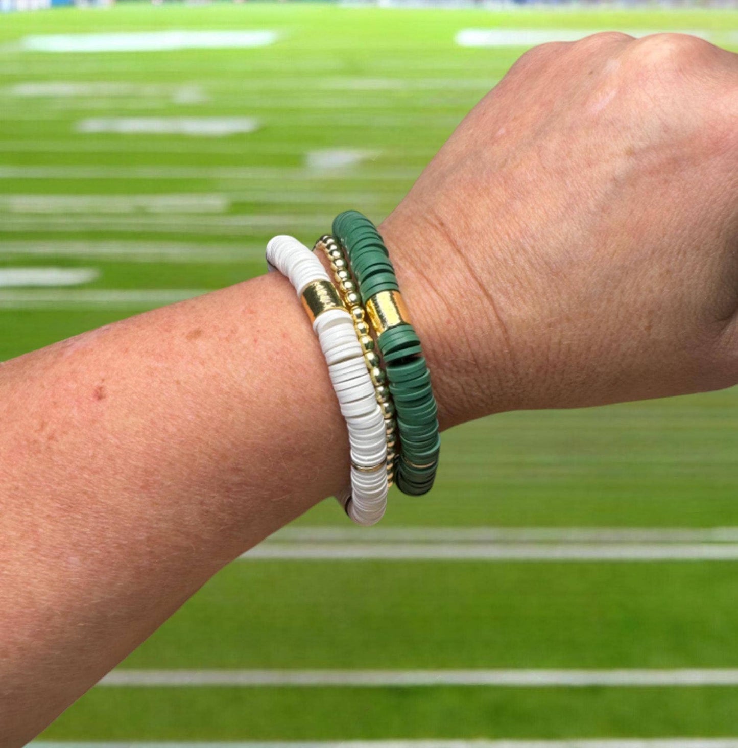 Green and White Game Day Bracelet Stack: Gold (7 inch)