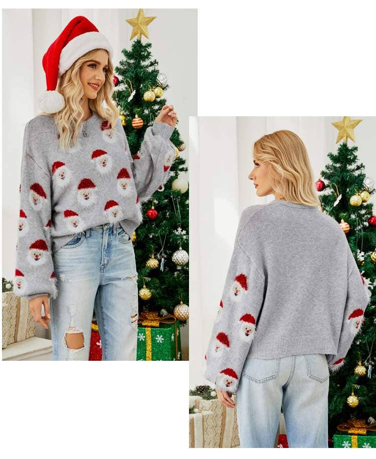 Santa's Head Pattern Crewneck Pullover Sweater