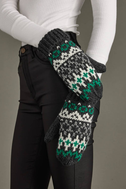 Dark Gray, White & Green Winter Pattern Mittens