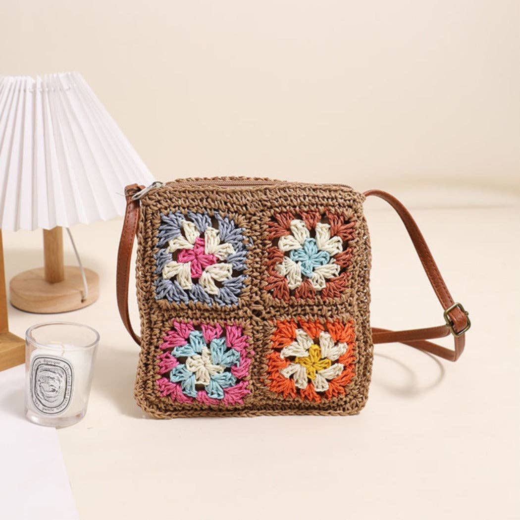 Vintage Square Crochet Flower Crossbody Bag