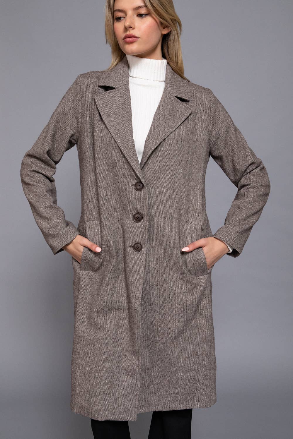 Herringbone Single Breasted Waist Fitted Long Coat