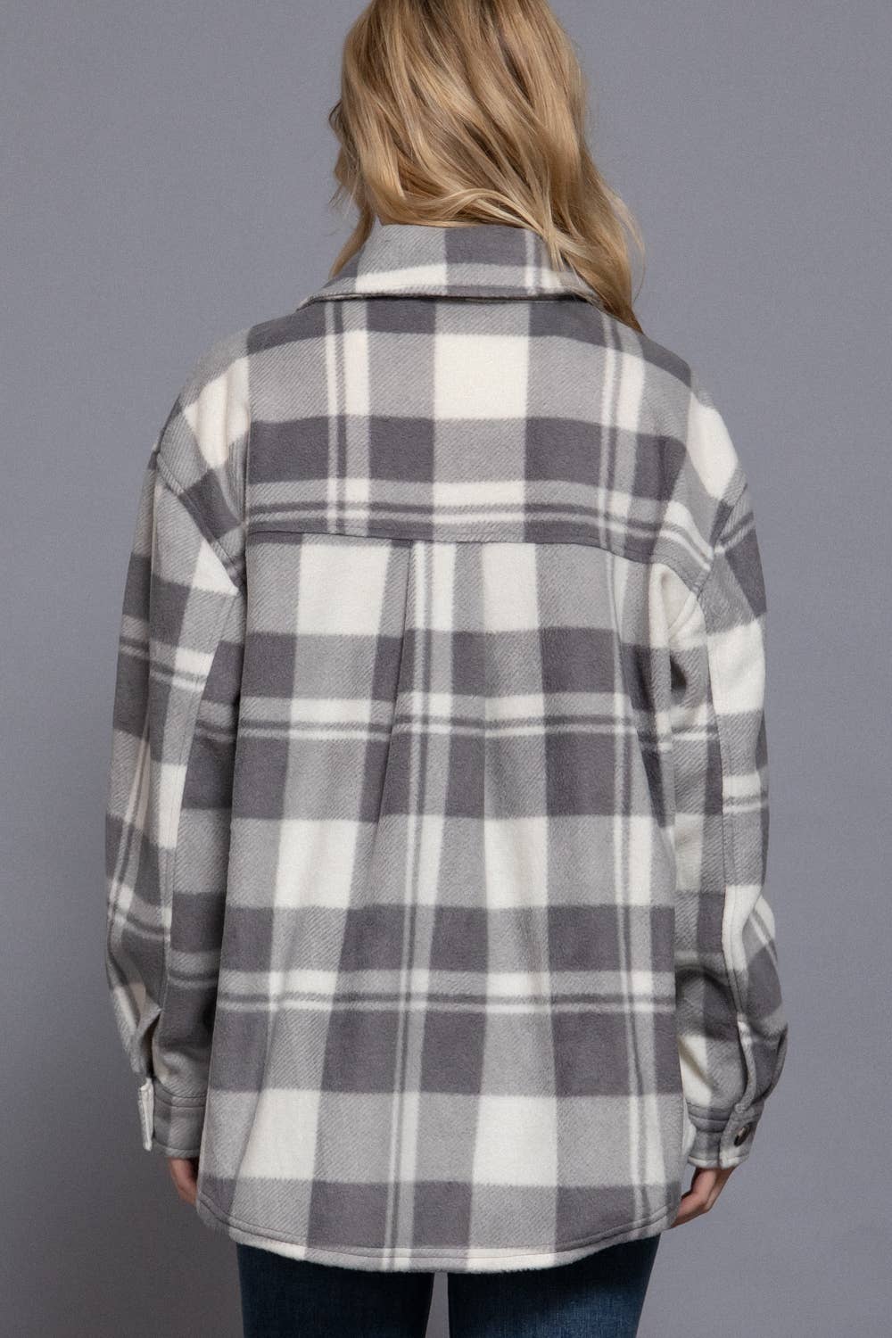 Long Sleeve Check Printed Fleece Shacket (Taupe)