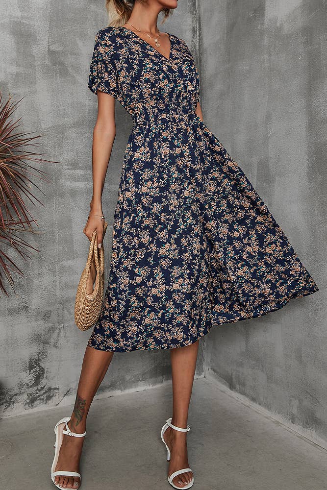 V Neck Smocked Waist Midi Floral Dress (Navy Floral)