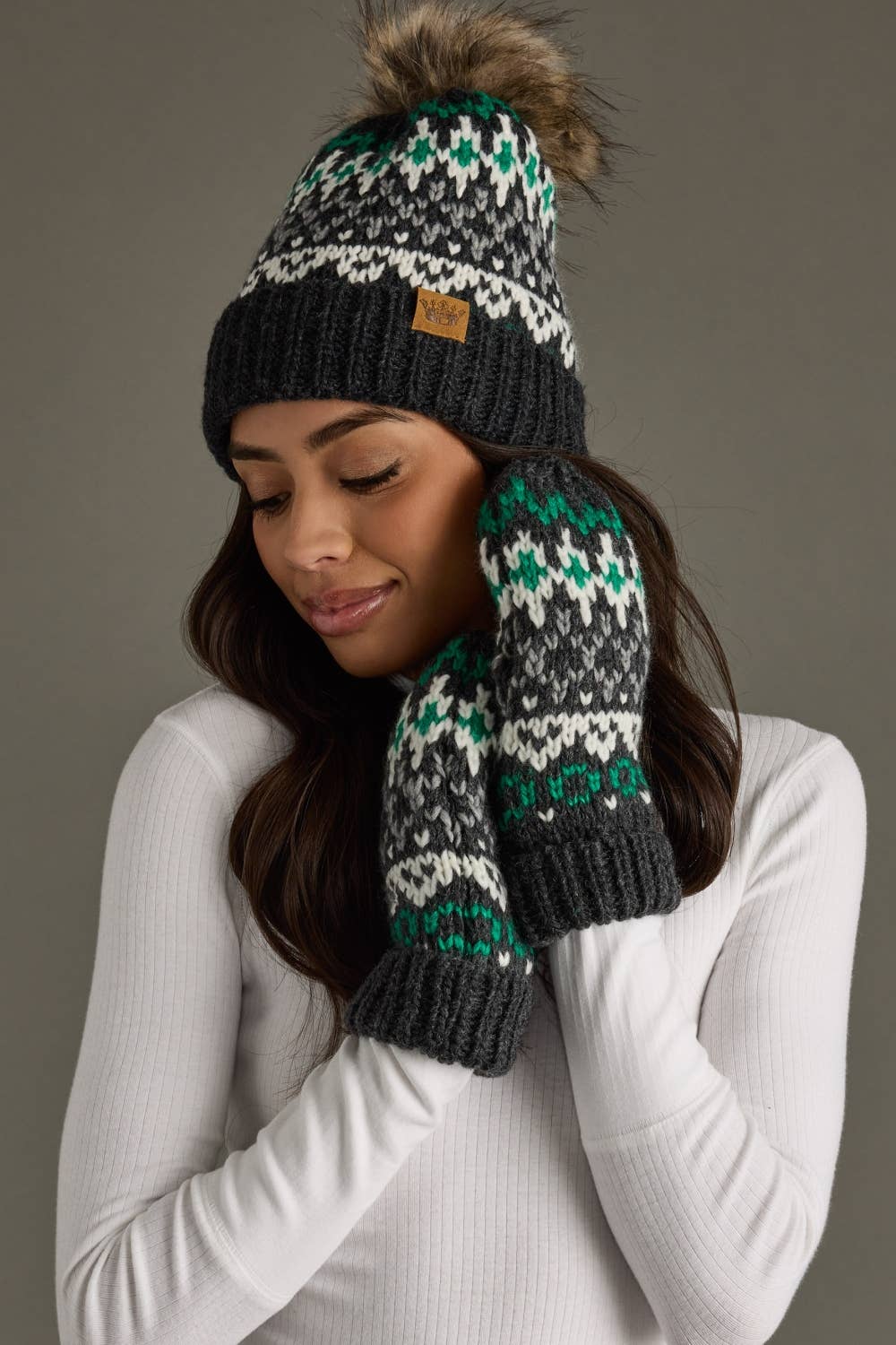 Dark Gray, White & Green Winter Pattern Pom Hat