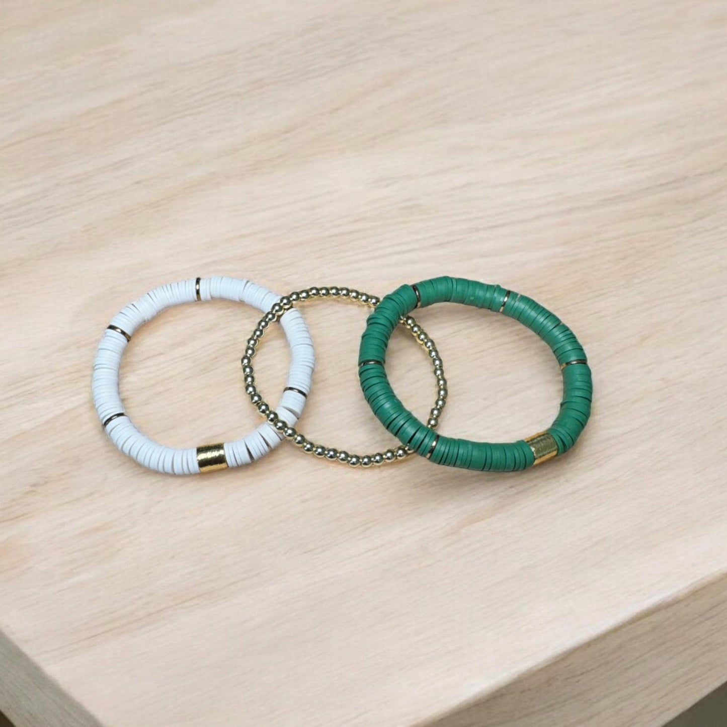Green and White Game Day Bracelet Stack: Gold (7 inch)
