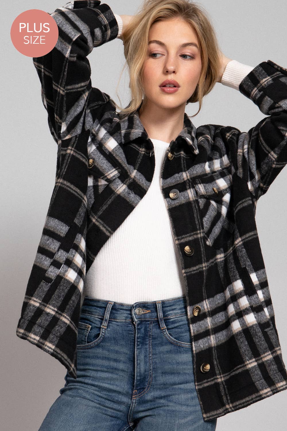 Long Sleeve Inside Faux Fur Brushed Plaid Plus Size Jacket