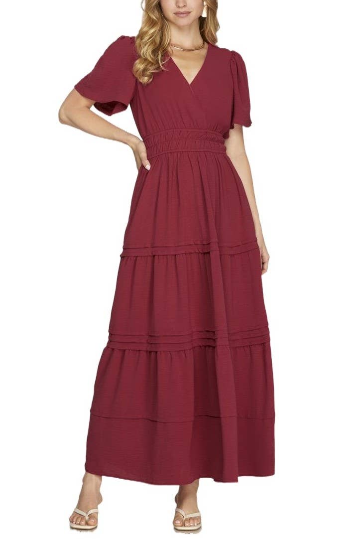 Surplice Pintuck Tiered Woven Maxi Dress