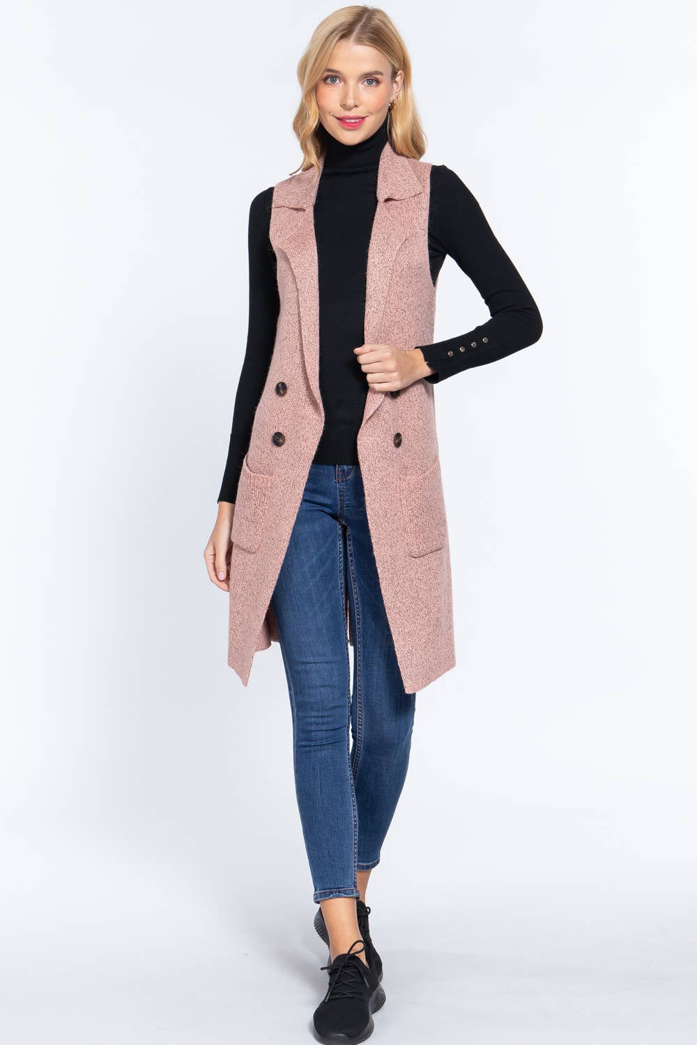 Sleeveless Notched Collar Long Sweater Vest