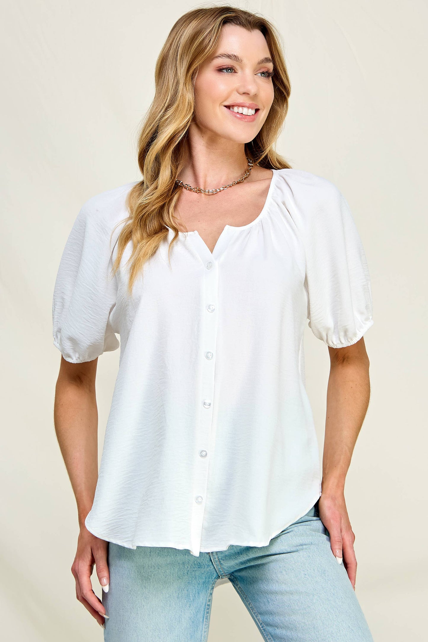 Plus Size Button Blouse with Puff Sleeves