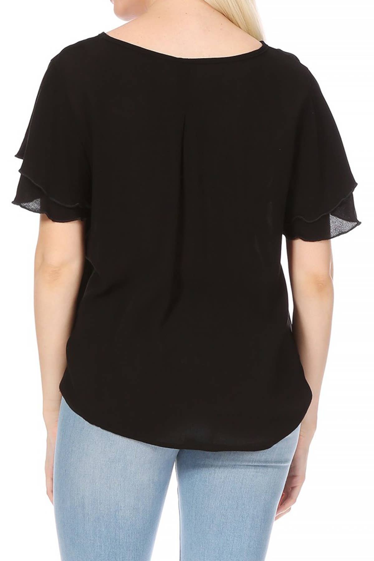 Casual Solid Flowy Short Flutter Sleeve Key Hole Blouse (Blue)