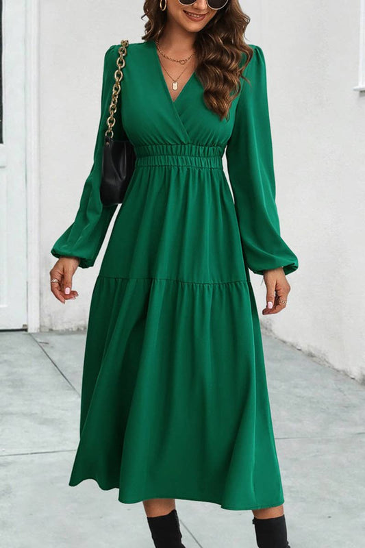 Elastic Waist V-Neck Long Sleeve Maxi Dress