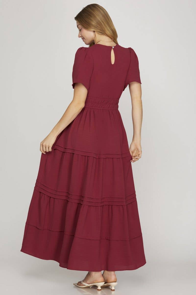 Surplice Pintuck Tiered Woven Maxi Dress