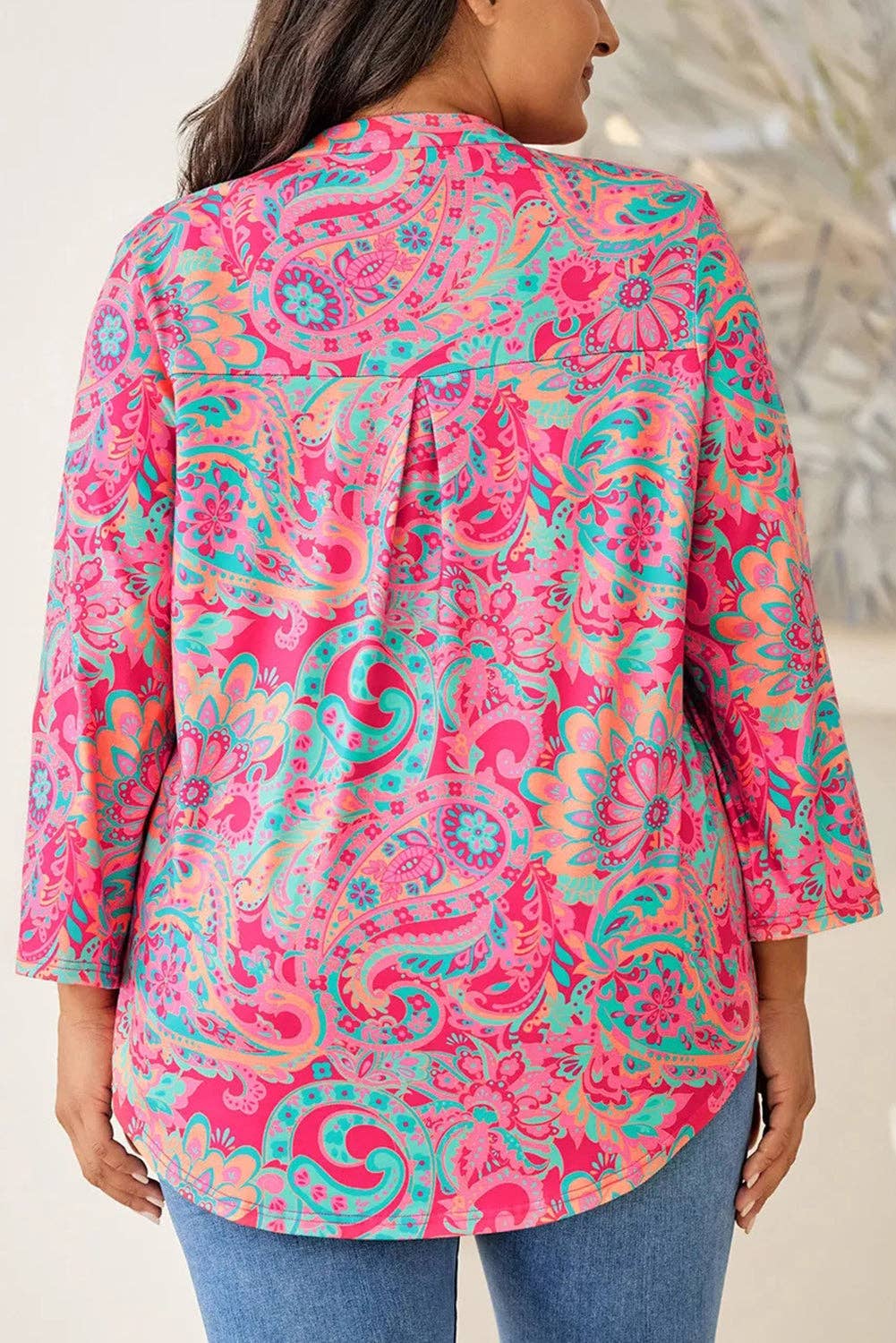 Paisley Print V Neck Roll Tab Sleeve Blouse Plus Size