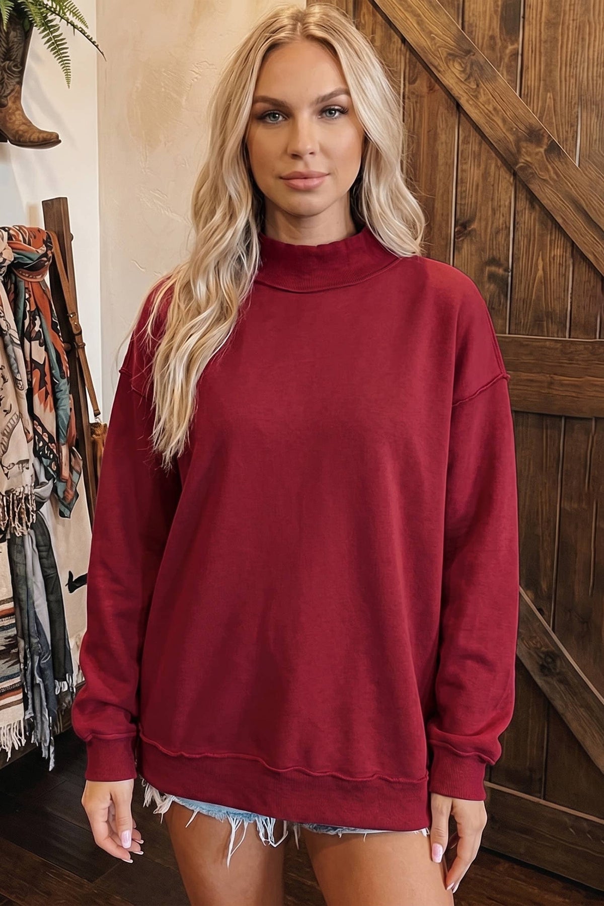 Oversize Drop Shoulder Reversible Mock Neck Sweatshirt (black)