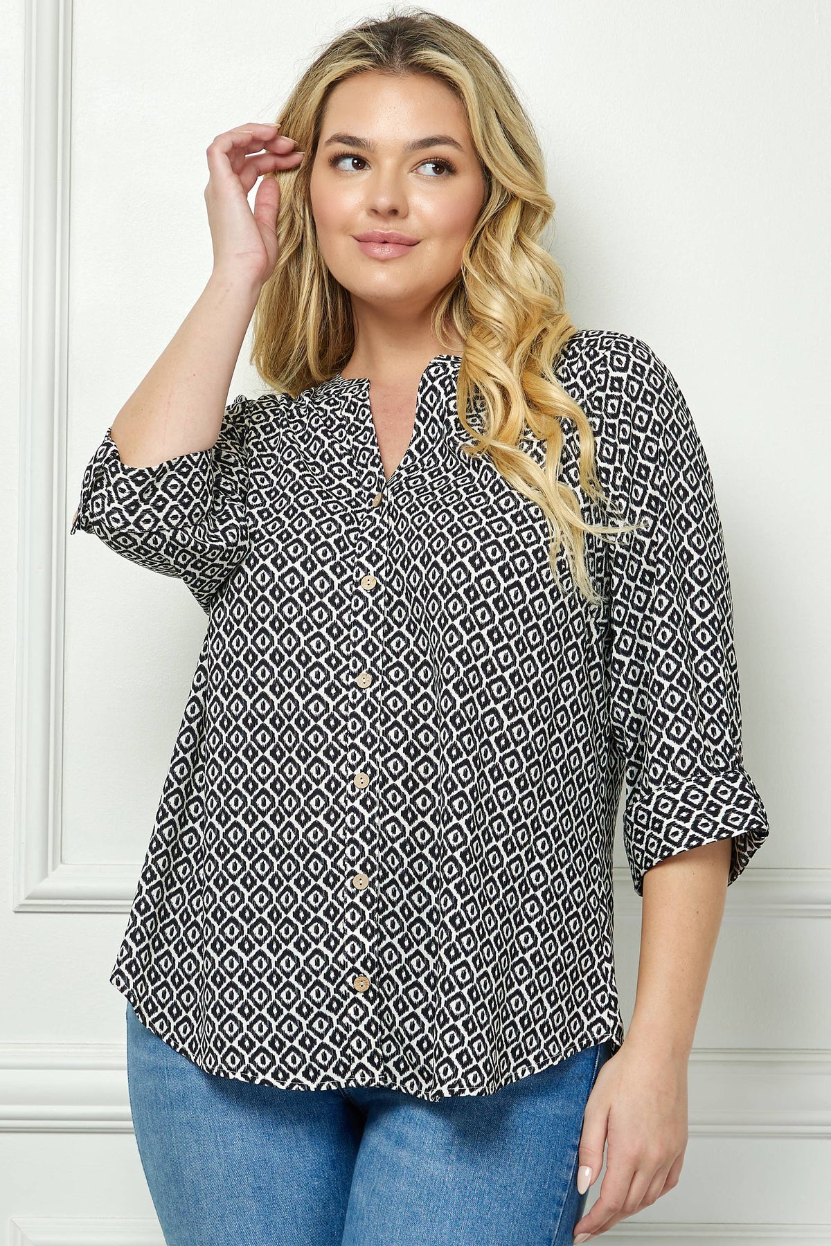 Mandarin Collar Plaket Blouse (Plus Size)