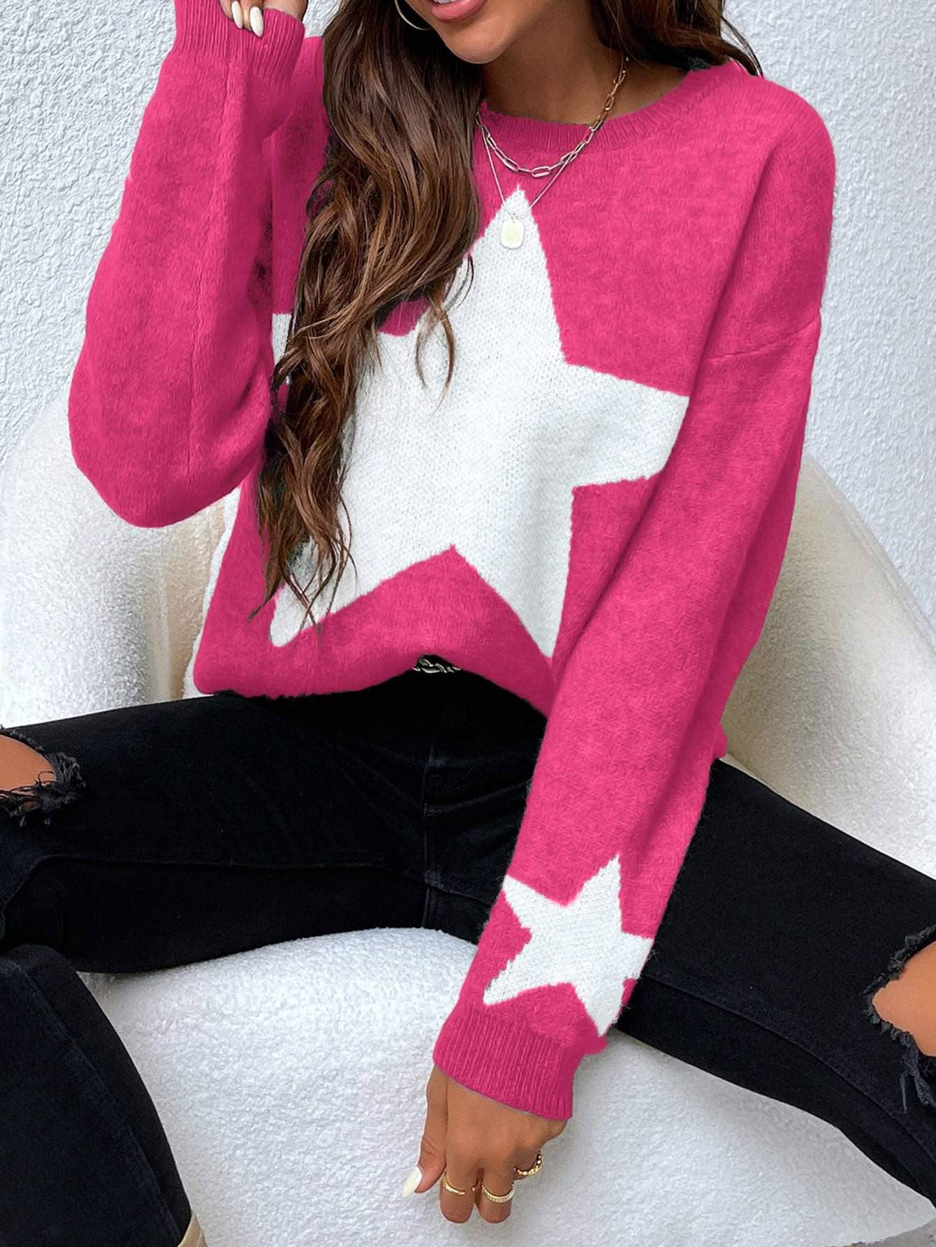 Drop Shoulder Star Pattern Sweater
