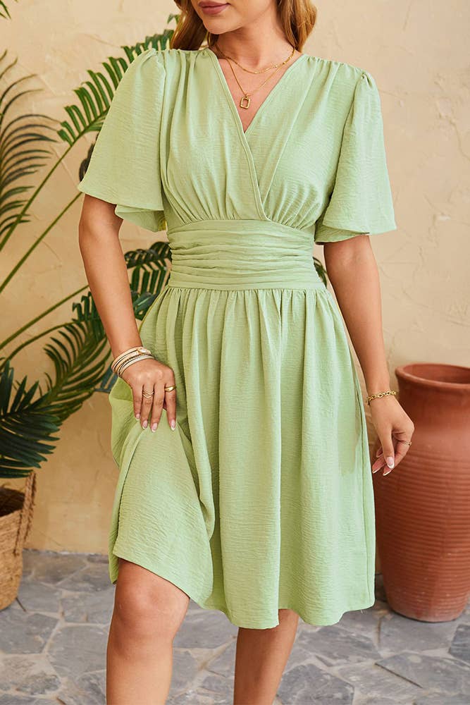 Plain V Neck Flare Sleeves High Waist Dress