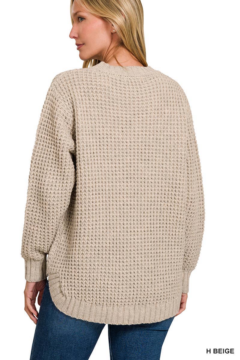 Hi-low Long Sleeve Round Neck Waffle Sweater