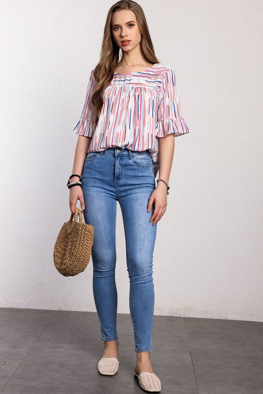 Women Multicolor Striped Ruffle Half Sleeve Blouse