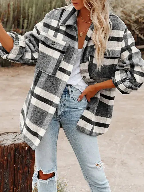 Plaid Button Flannel Shirt Jacket (black & white)