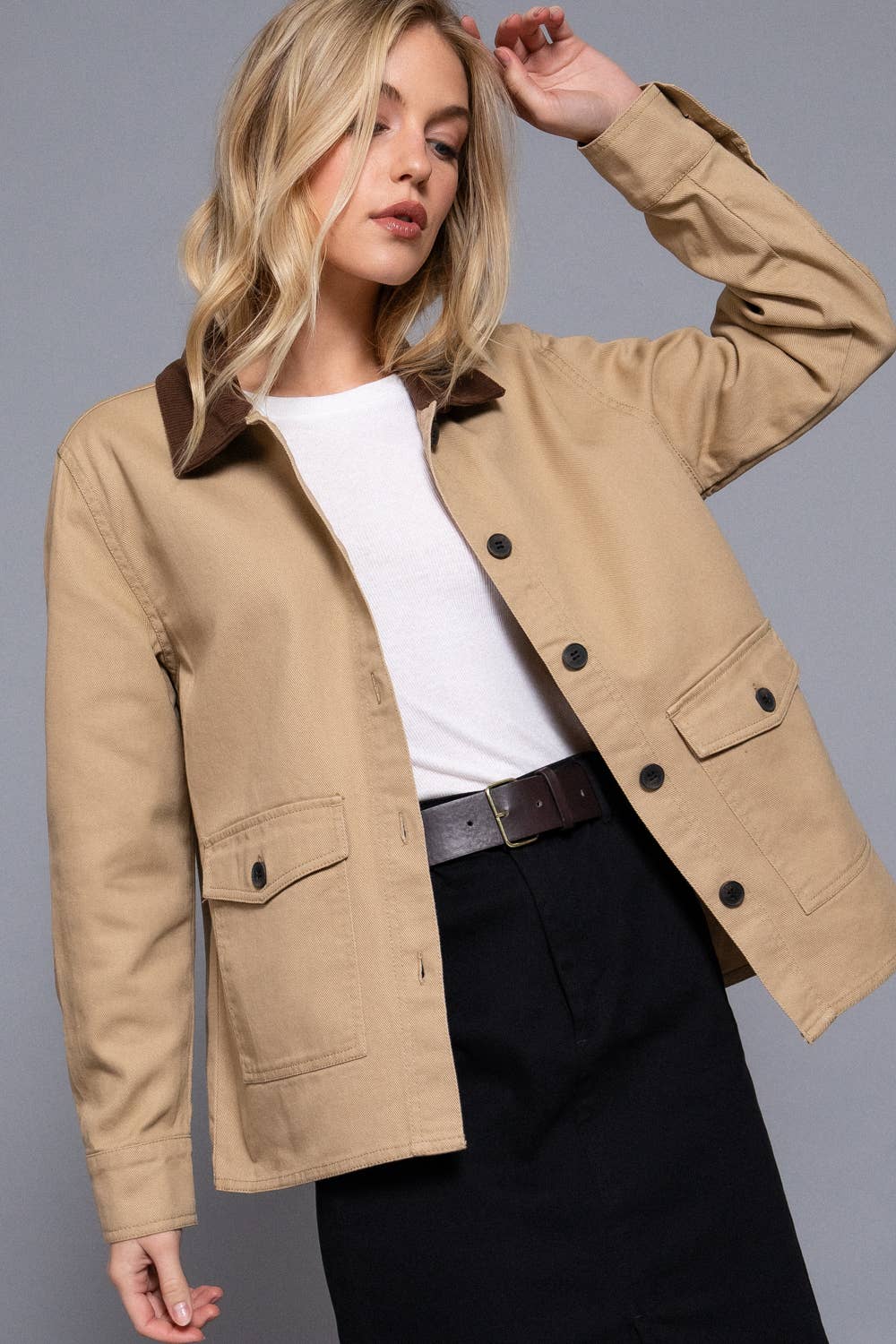 Long Sleeve Corduroy Collar Detail Cotton Twill Work Jacket