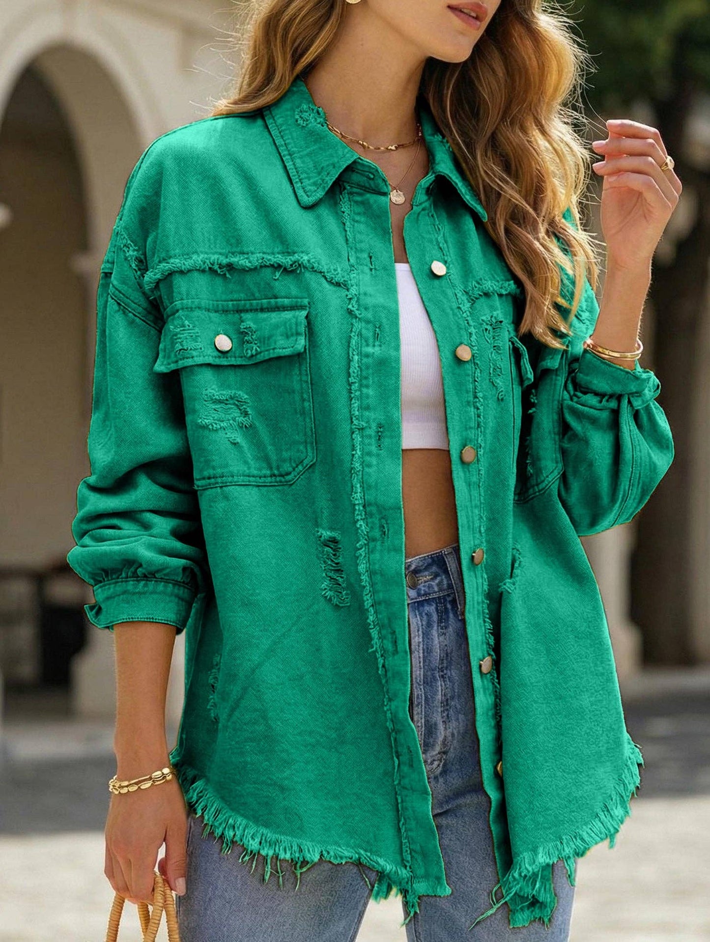 Denim Coat with Lapel and Ripped Raw Edge
