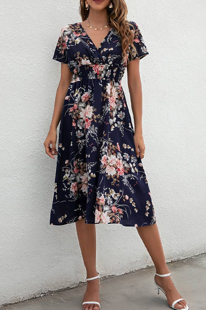 V Neck Smocked Waist Midi Floral Dress (Navy Floral)