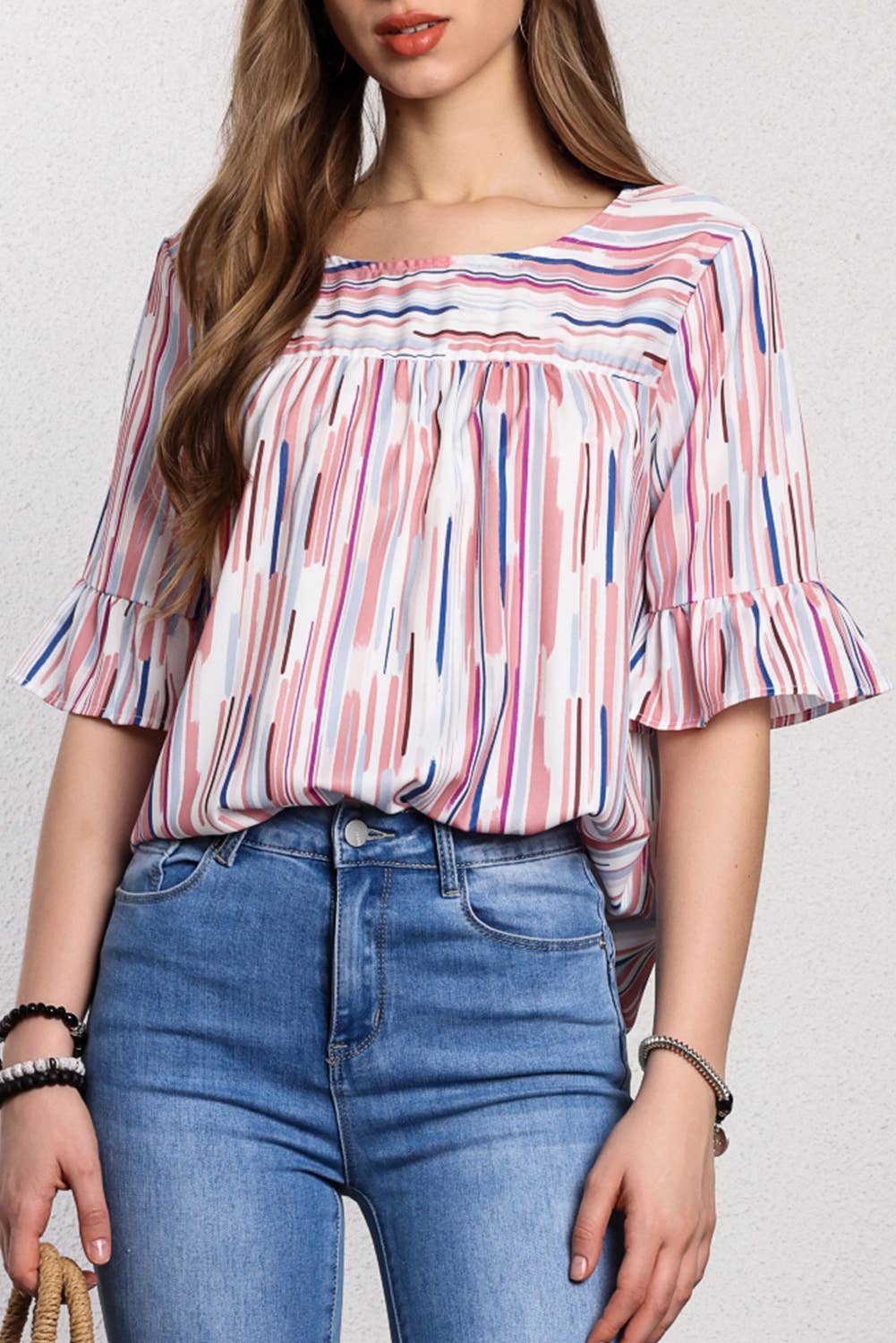 Women Multicolor Striped Ruffle Half Sleeve Blouse