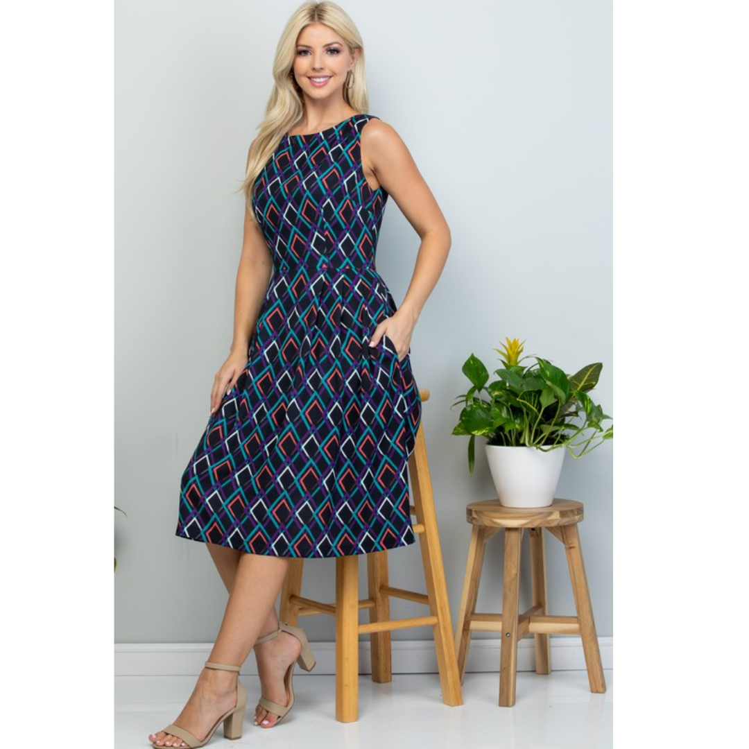 Mod Print Midi Length Dress with Pockets (black)