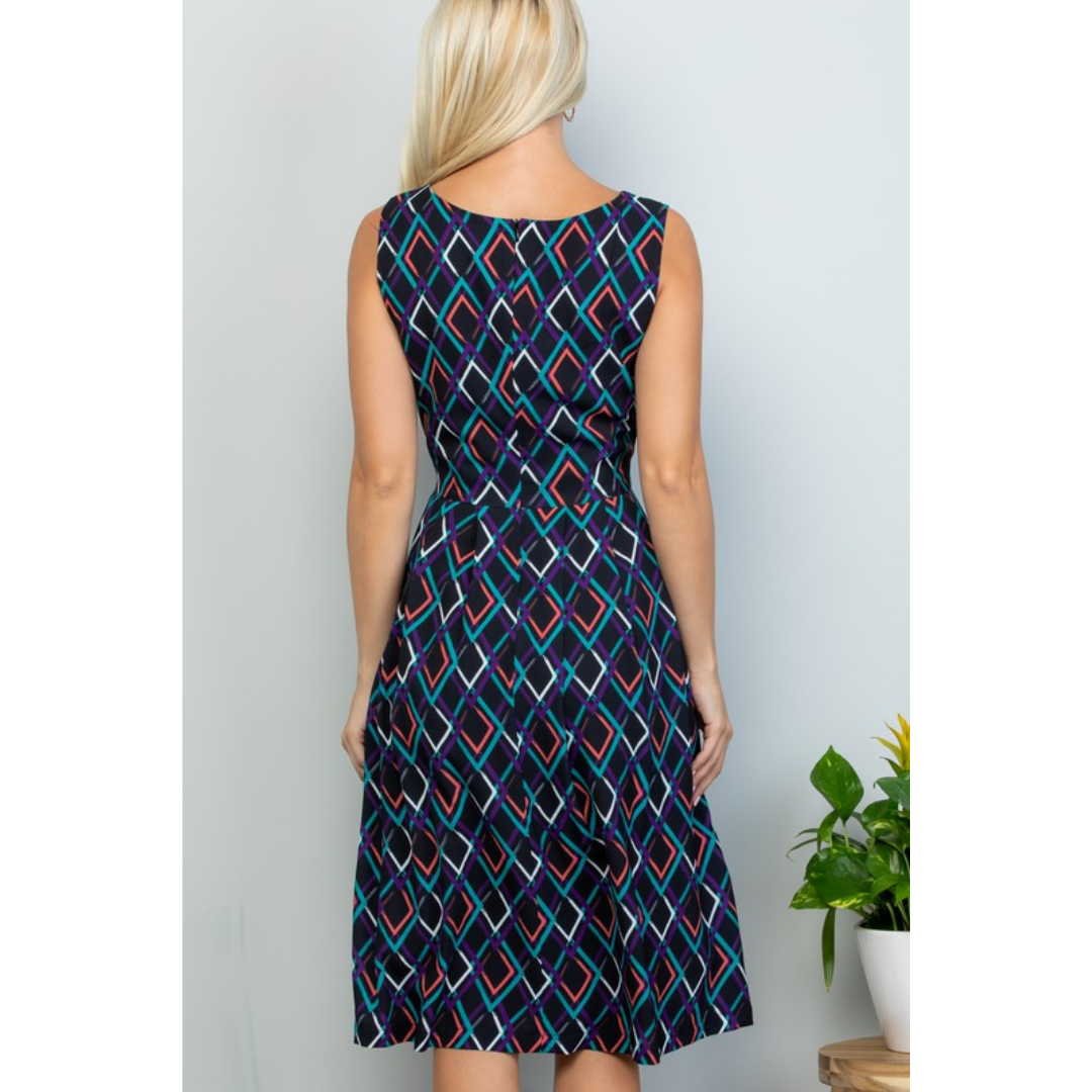 Mod Print Midi Length Dress with Pockets (black)