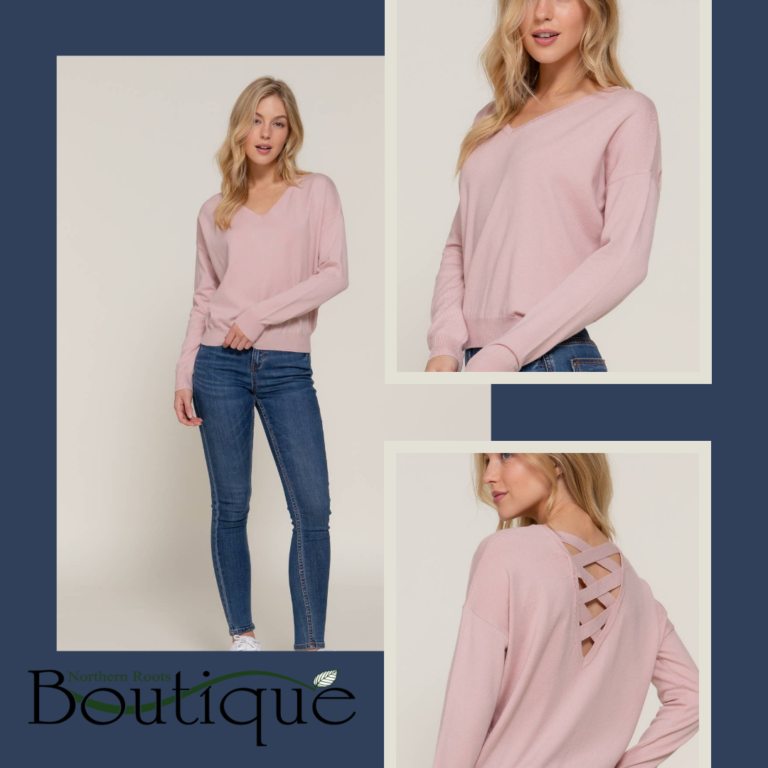 Long Sleeve V-neck Back Cross Strap Sweater