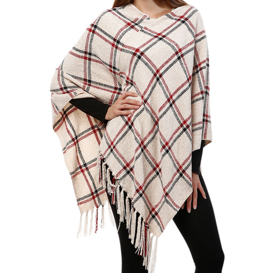 Chenille Plaid Poncho with Fringe