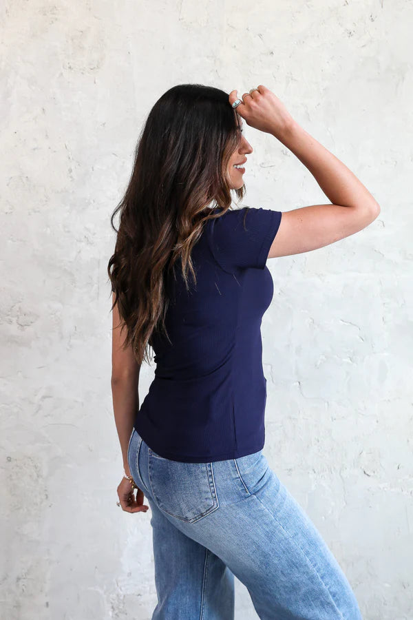 Short Sleeve Ribbed Tee in Navy