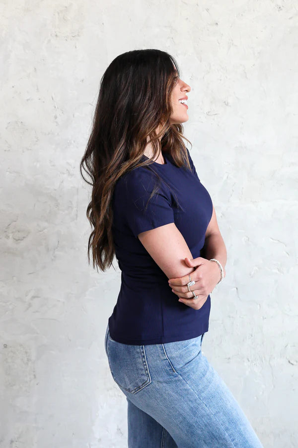 Short Sleeve Ribbed Tee in Navy