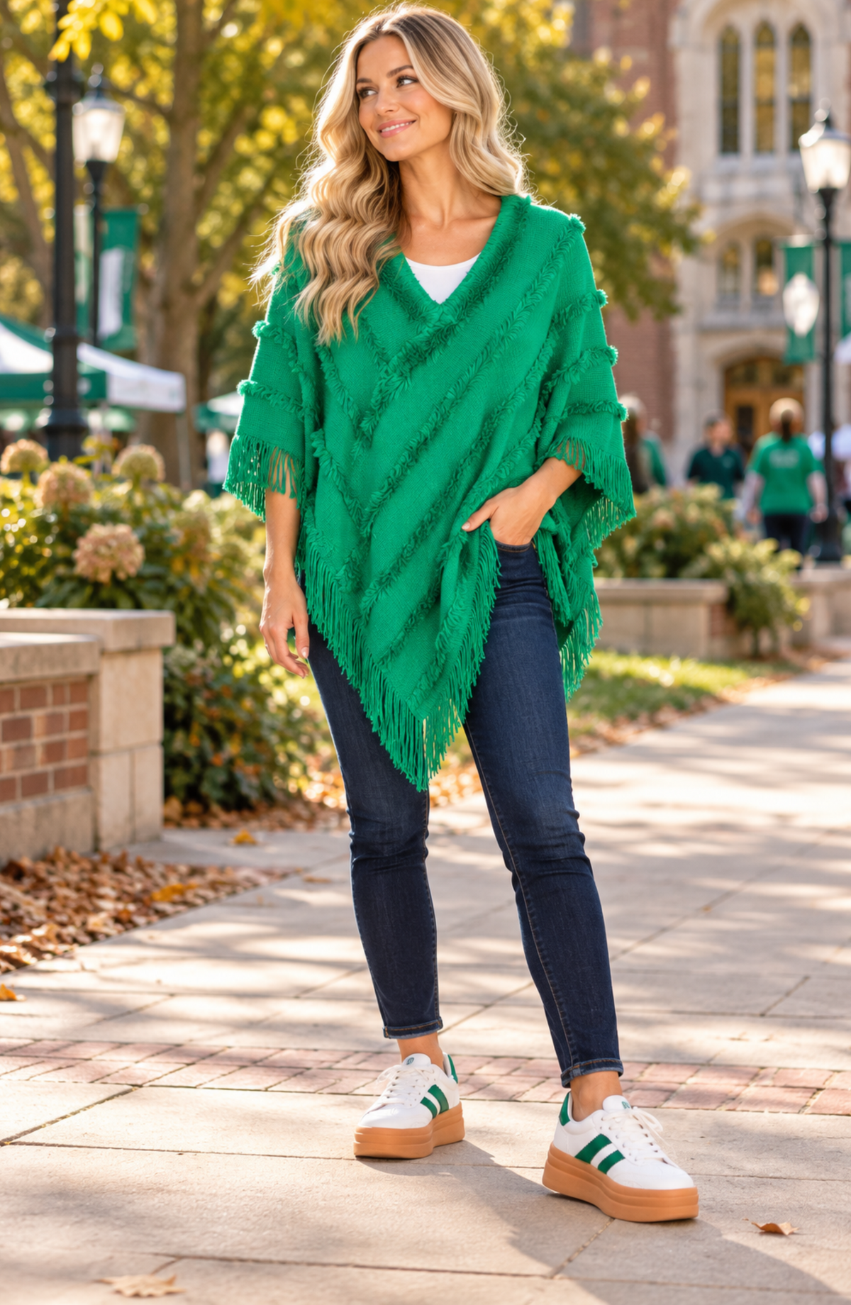 Tassel Trim Shawl Poncho Style with V-Neck and Hood