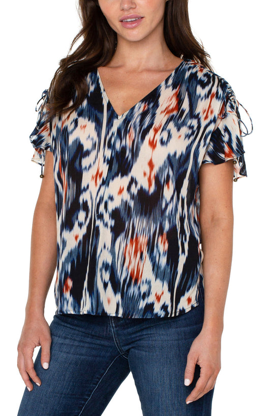 Liverpool's Shirred V-Neck Dolman Top with Tie Details (Allover Ikat)