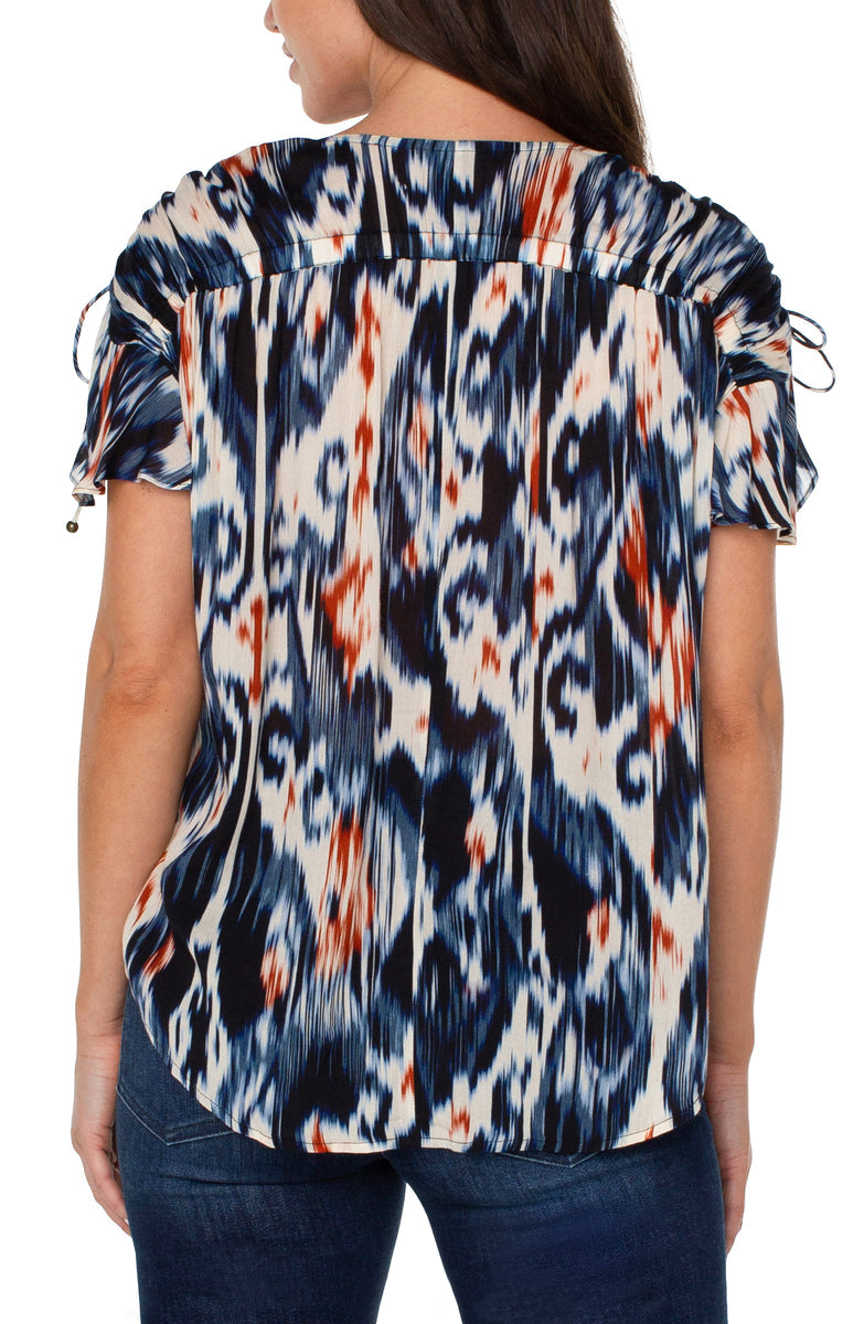 Liverpool's Shirred V-Neck Dolman Top with Tie Details (Allover Ikat)