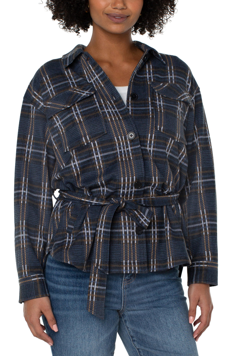 Liverpool's Belted Shirt Jacket (Queen Blue Grey Plaid) (plus size available)