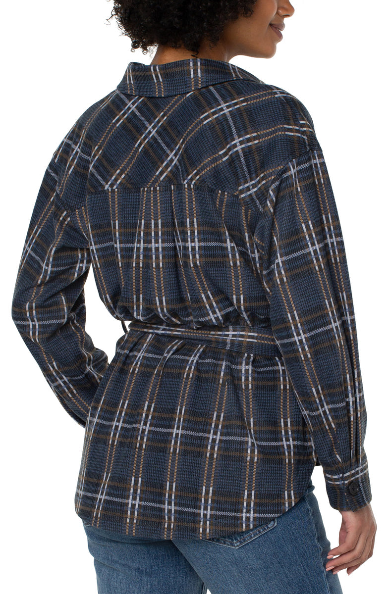 Liverpool's Belted Shirt Jacket (Queen Blue Grey Plaid) (plus size available)