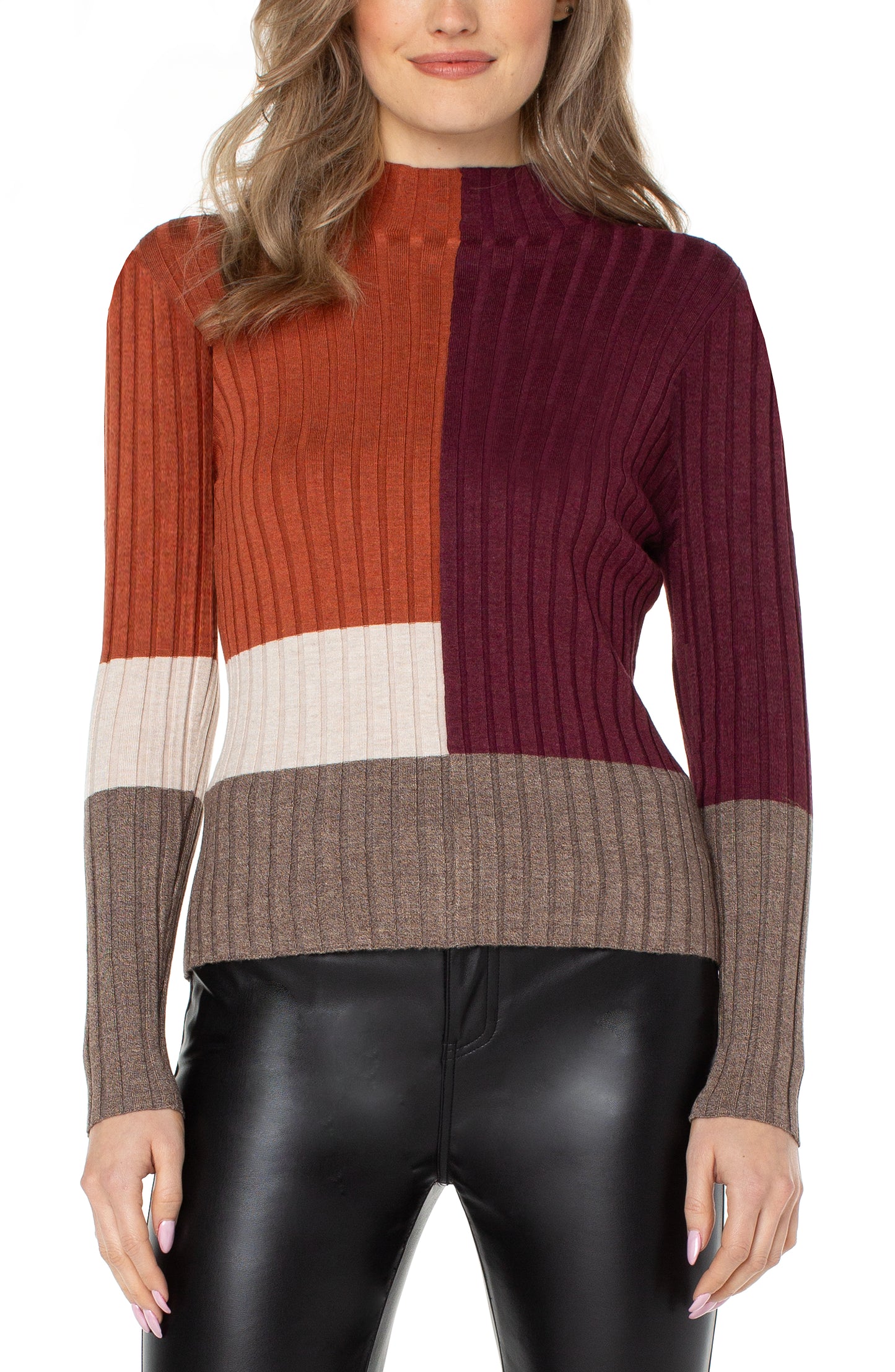 Liverpool Mock Neck Pullover Sweater w/Colorblock (Burgundy/Rust Colorblock)