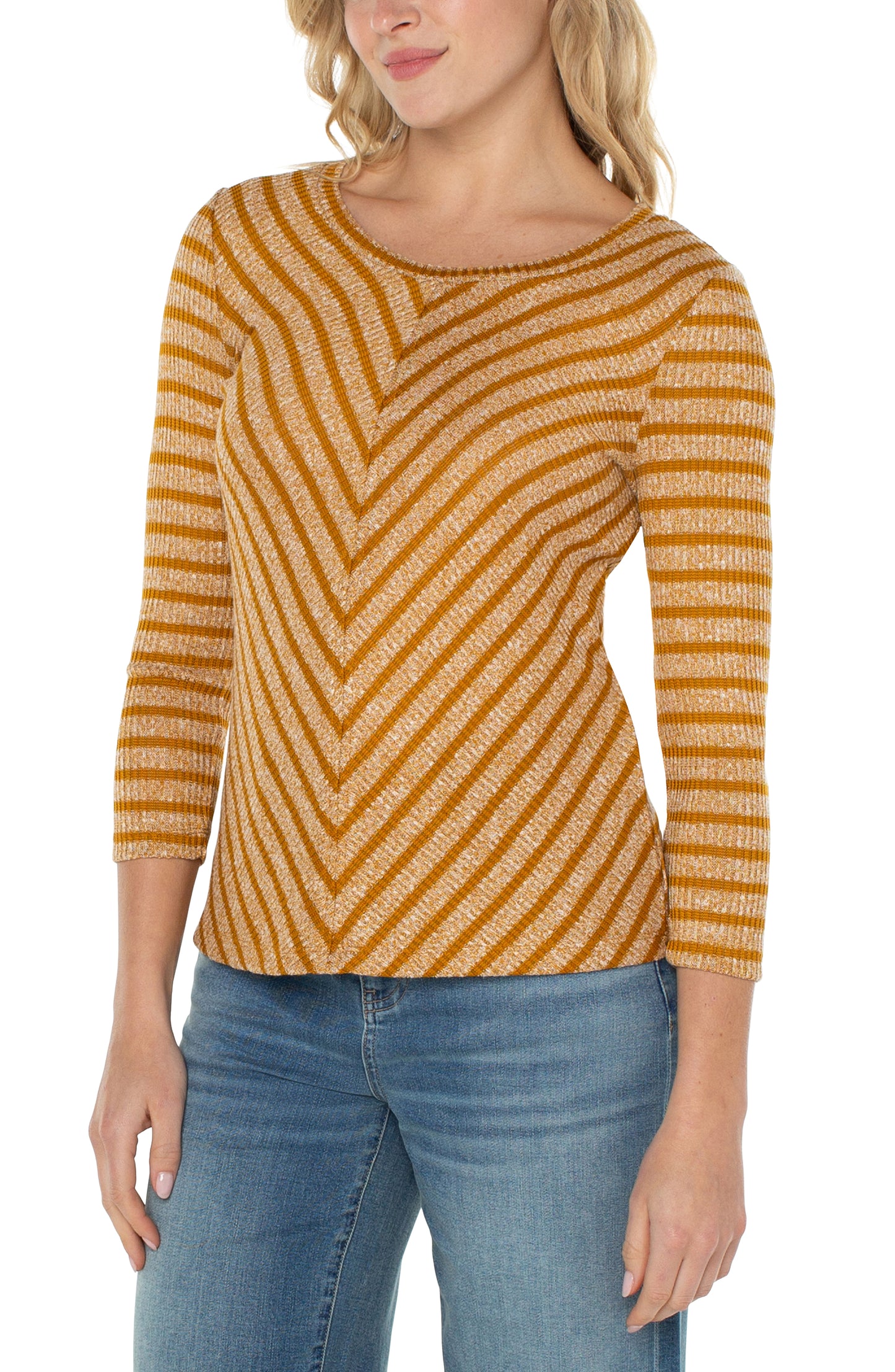 Liverpool 3/4 Miter Front Scoop Neck Knit Top (Gold Stripe)