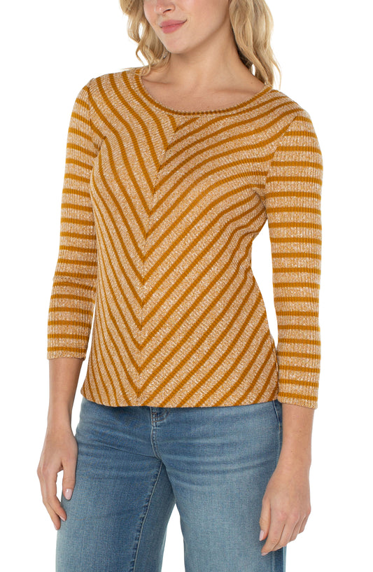 Liverpool 3/4 Miter Front Scoop Neck Knit Top (Gold Stripe)