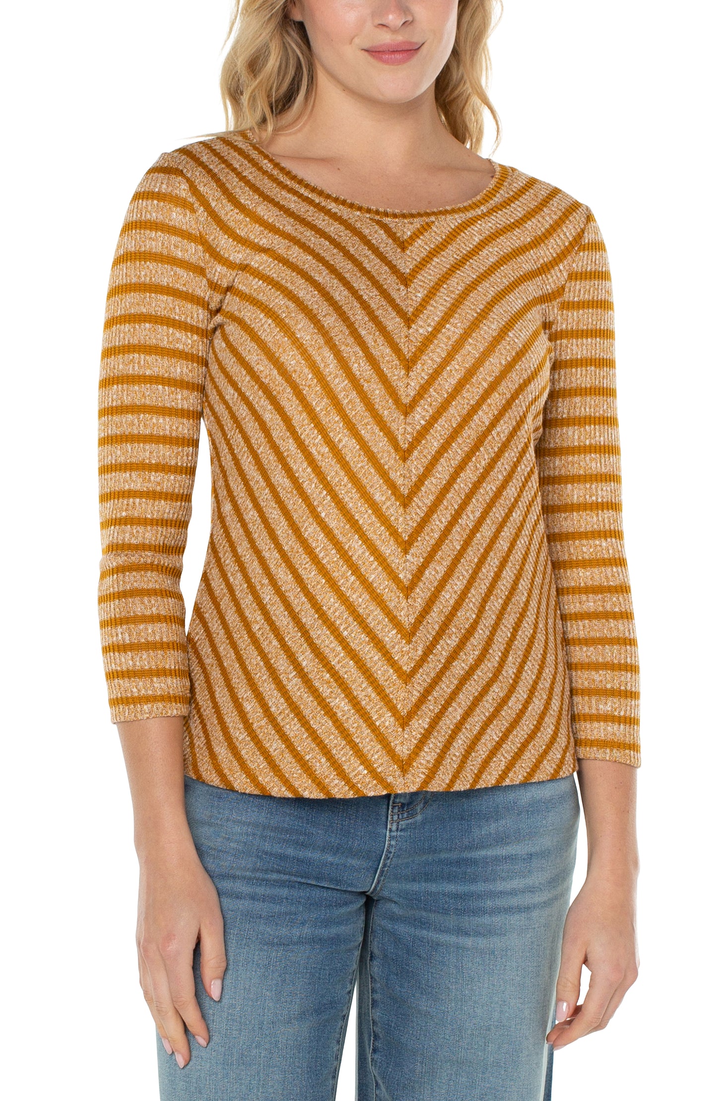 Liverpool 3/4 Miter Front Scoop Neck Knit Top (Gold Stripe)